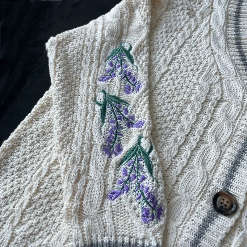 Purple Flowers Cardigan Women Vintage Wisteria Embroidered Knitted Cardigan Female 2024 Autumn Winter Sweater Folklore Girl Tops - Image 2