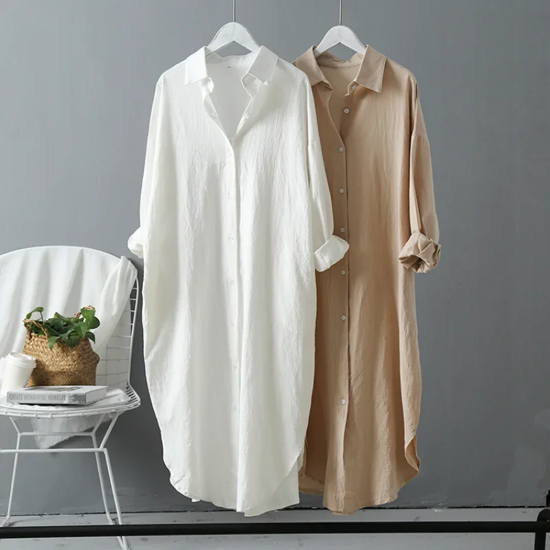 2024 Spring Casual Women's Blouses Korean Clothing Autumn Vintage Linen Cotton Mid-Length White Shirt Dress For Female Chic Tops - Image 3