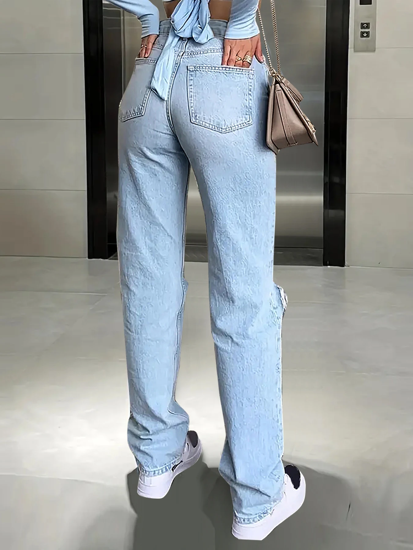 2024 women's new knee-piercing jeans women's loose comfortable casual all-match straight micro-elastic jeans - Image 3