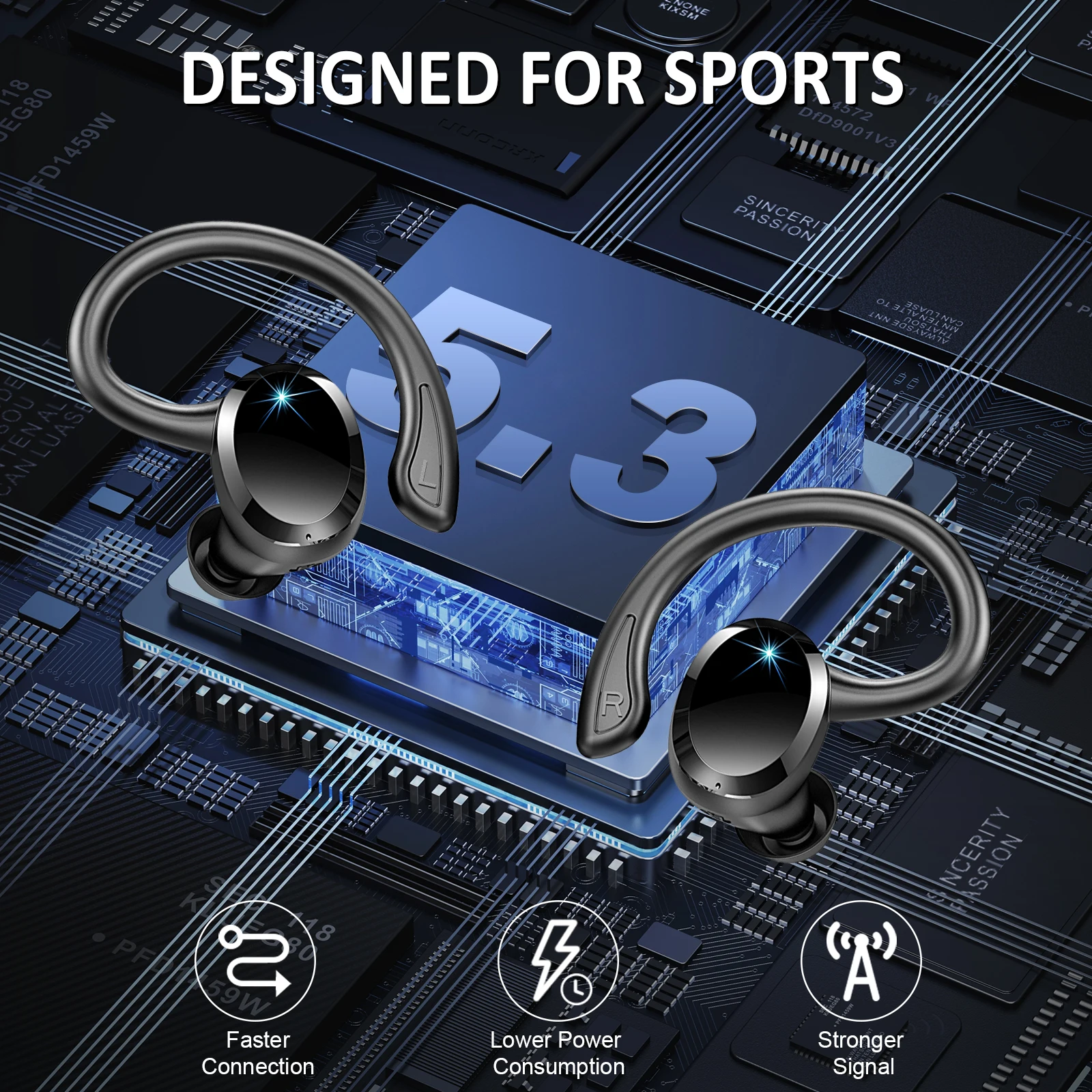 Wireless Earbuds, Bluetooth 5.3 On-Ear Headset, Noise Cancelling Mic, 48H Playtime Sports Headphones for Workout/Running. - Image 5