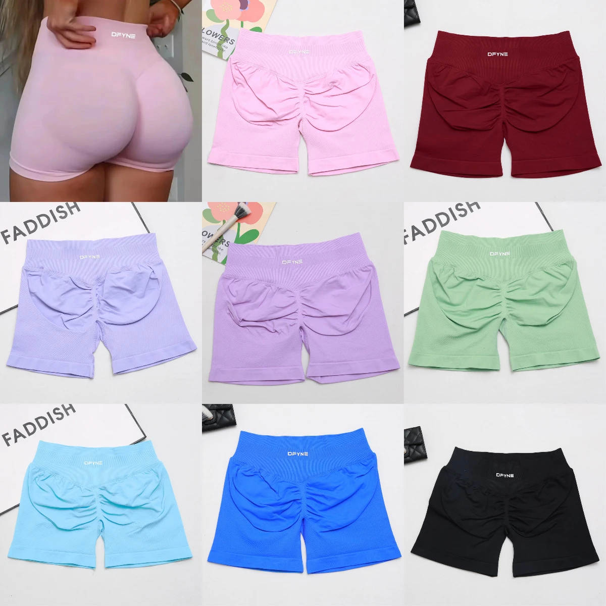 dynamic Impact Shorts with logo dyfine dyfne Ribbed Waist Band Yoga Shorts Seamless Scrunch Bum Workout Gym Short tights - Image 6