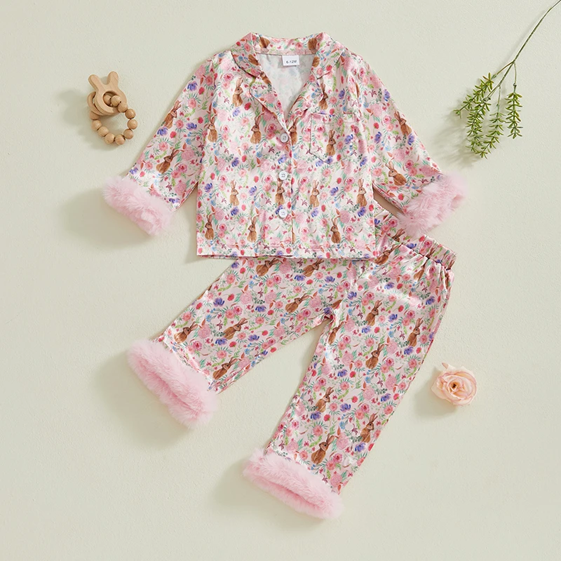 Easter Boys Pajamas Set Bunny Print Cozy Long Sleeve Tops with Matching Pants Sleepwear for Kids - Image 4