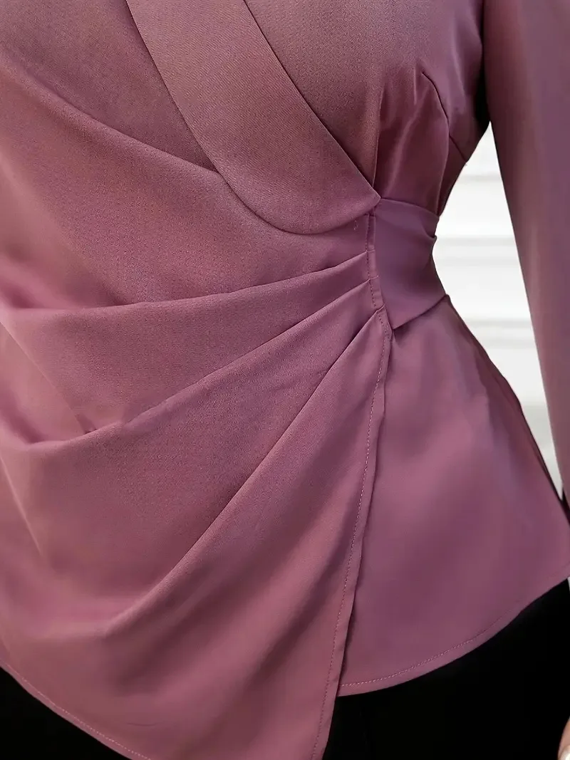 GIBSIE Plus Size Solid V-neck Wrap Tie Blouse Women Spring Fall Lantern Sleeve Elegant Office Ladies Ruched Blouses Shirts - Image 5