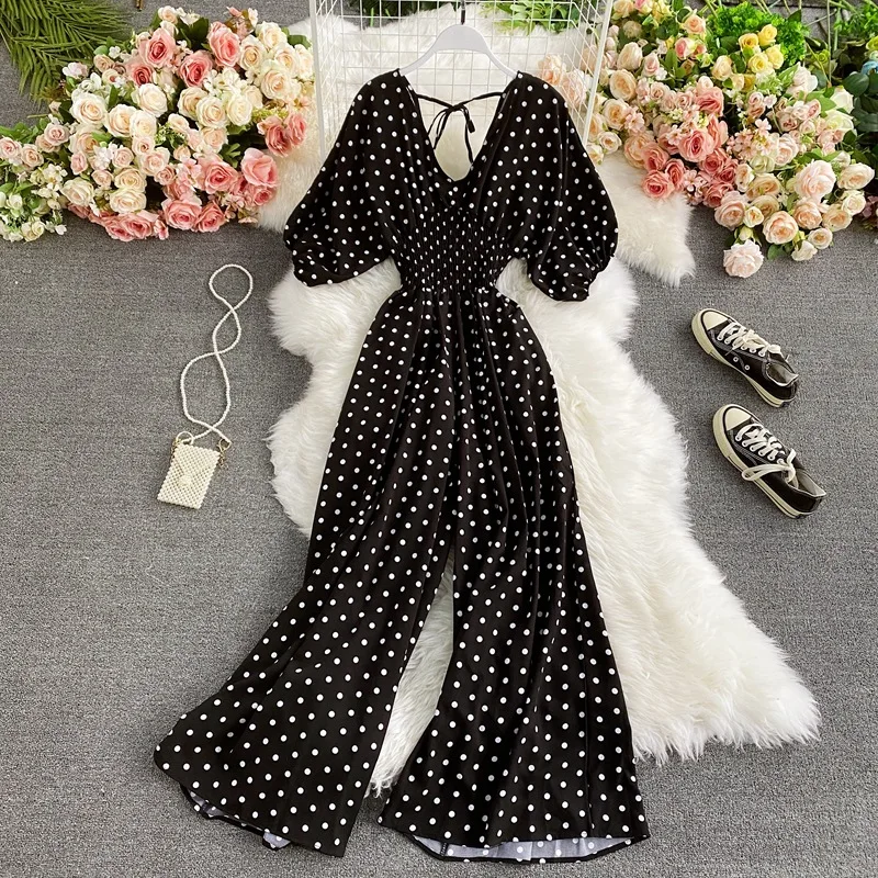 V Neck Sexy Dolman Sleeves Waist Slim Polka Dot Print Jumpsuit Women Wide Leg Trousers Jumpsuit - Image 3