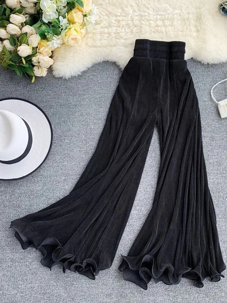ZOKI Women Flare Pants Loose Gauze Elastic High Waist Ruffle Chiffon Ladies Trousers Fashion Black White Summer Female Pants New - Image 3