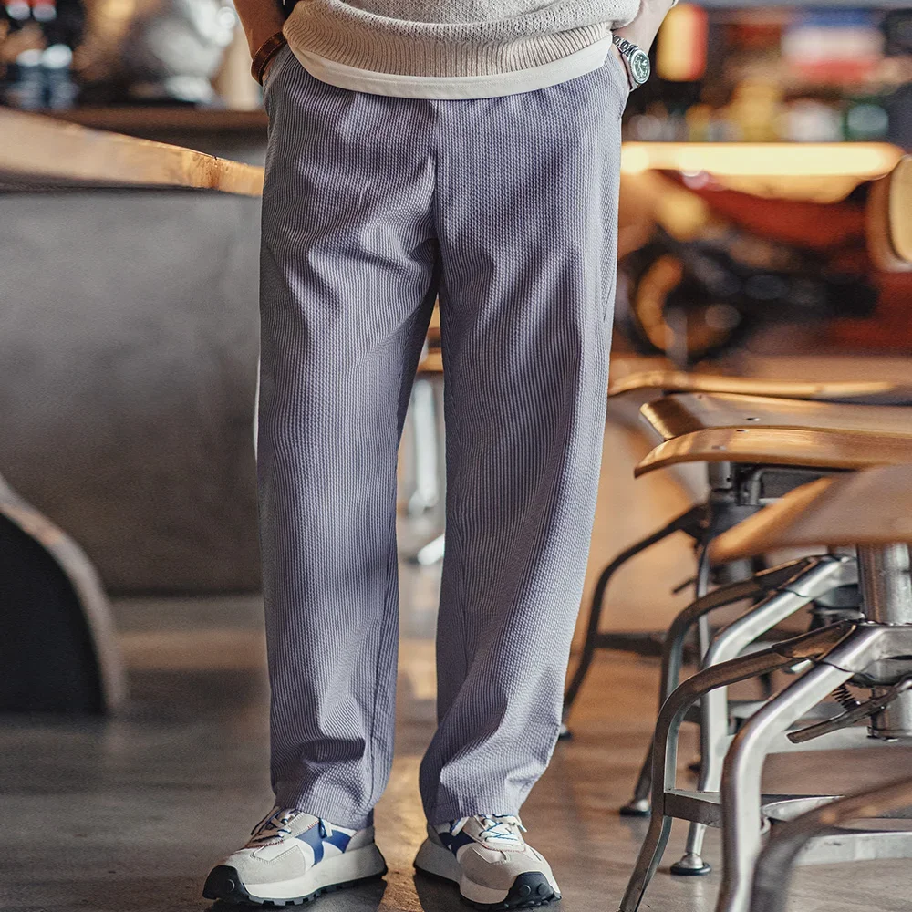 Maden Easypants Seersucker Striped Casual Pants with Elastic Waist And Drawstring Design Iron-free Straight Trousers for Men - Image 4