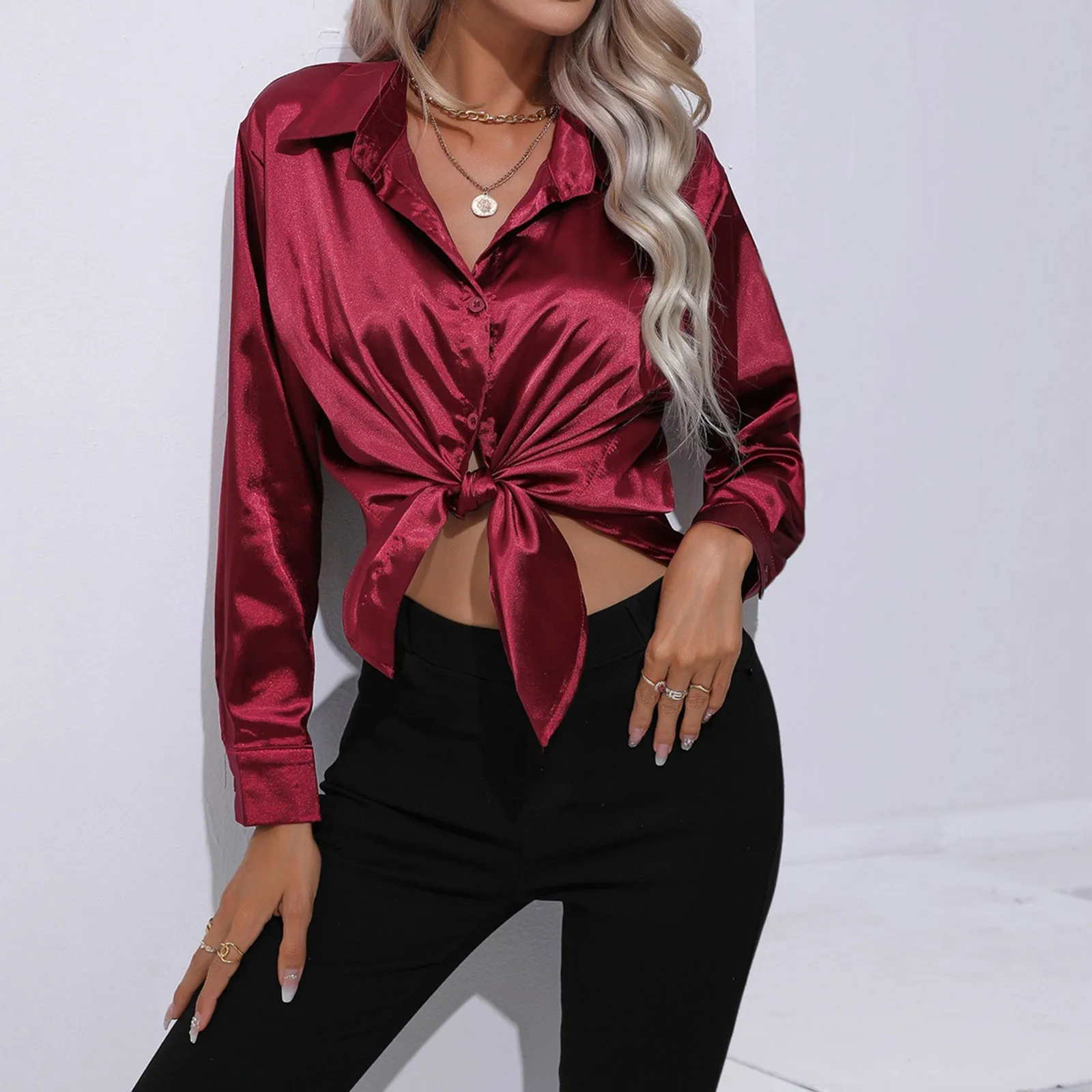 Women's Satin Shirts Solid Color Basic Casual Blouses Elegance Long Sleeve Lapel Button Up Office Top 2024 Luxury Femal Clothing - Image 6