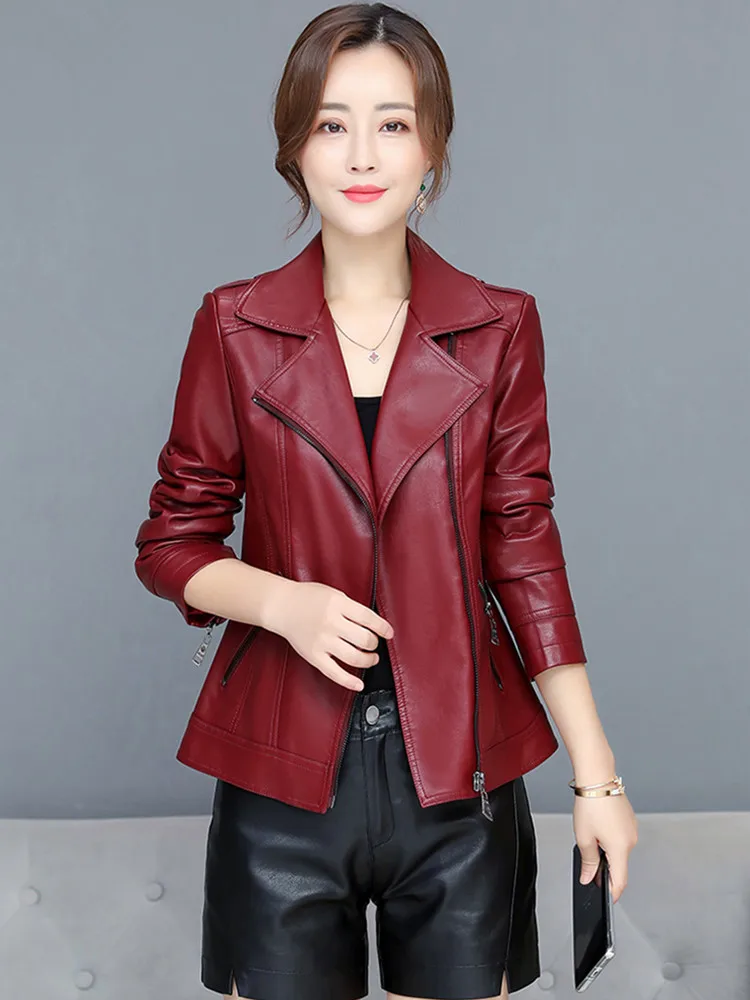 M-6XL Women Split Leather Jacket Spring Autumn New Fashion Casual Tops Outerwear Turn-down Collar Zipper Slim Short Coat Female - Image 6