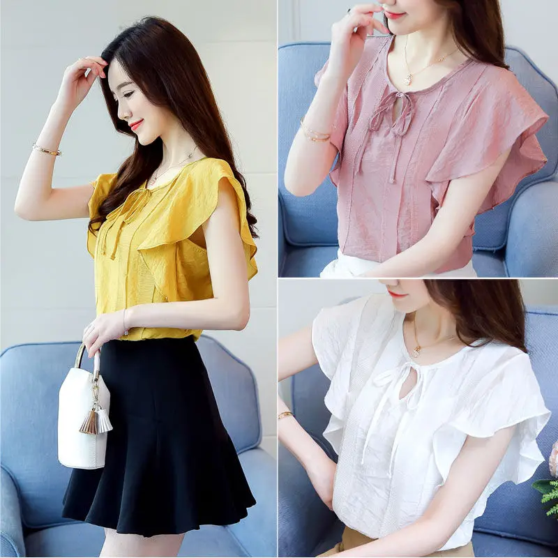 Female O-Neck Bow Lacing Hollow Out Solid Blouse Loose Oversize Flying Sleeve Patchwork Chiffon Shirt Women's Summer Clothing - Image 4