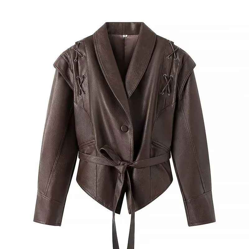 Suninheart Autumn and Winter Faux Leather Jackets for Women 2024 Chic Dropped Shoulder PU Jacket Coat Casual Office Lady Blouse - Image 6