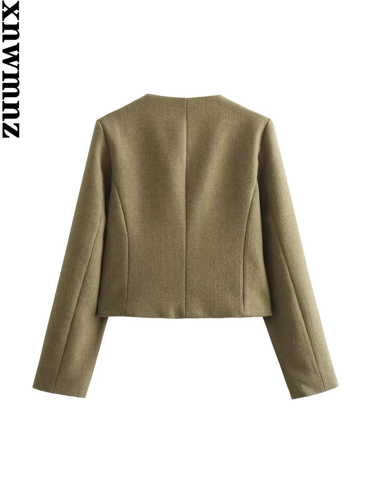 XNWMNZ Women's Fashion 2023 Autumn/Winter Flap Pocket Crop Jacket Women Vintage O Neck Long Sleeve Versatile Female Blazer - Image 2