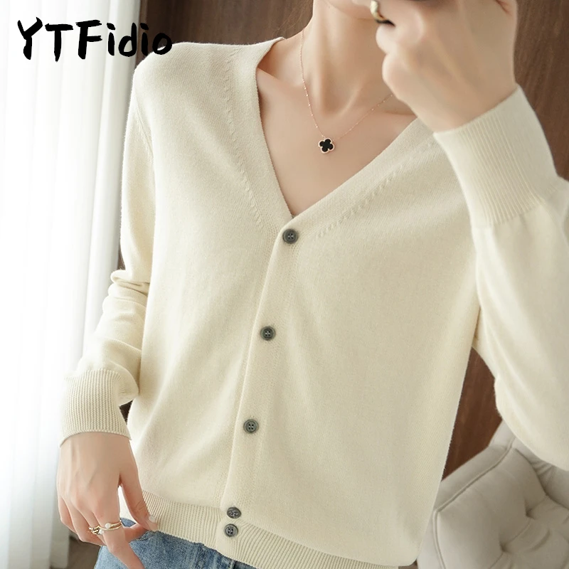 YTFidio 100% Cotton Women V-neck Long Sleeve Knitwear Cropped Coat Cardigans Sweaters Solid Casual 202 - Image 5