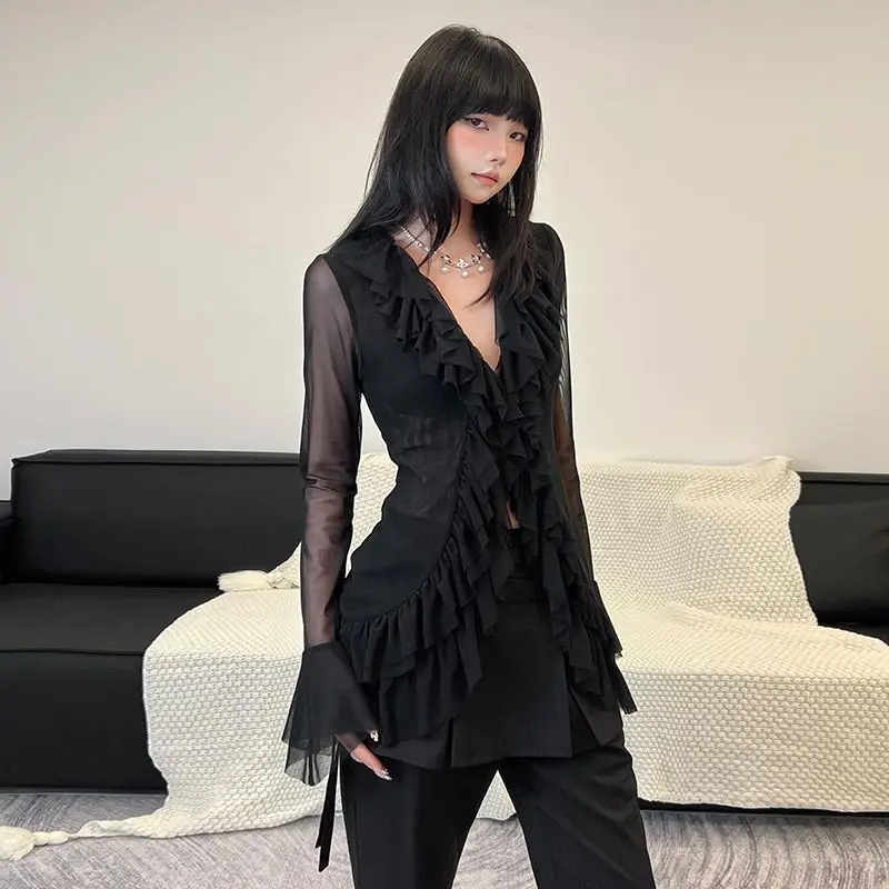 Korean Blouse Women's Clothing V-neck Long Sleeve Tunic Shirts Camisas De Mujer Heavy Ruffles Spring Summer Gauze Blouses Tops - Image 5