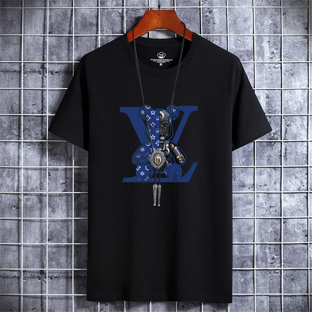 Summer Men's Luxury Casual T-Shirt Retro Y2k Designer Short Sleeve Tees Male Vintage Cotton Trendy High Quality Bear Print Tops - Image 3