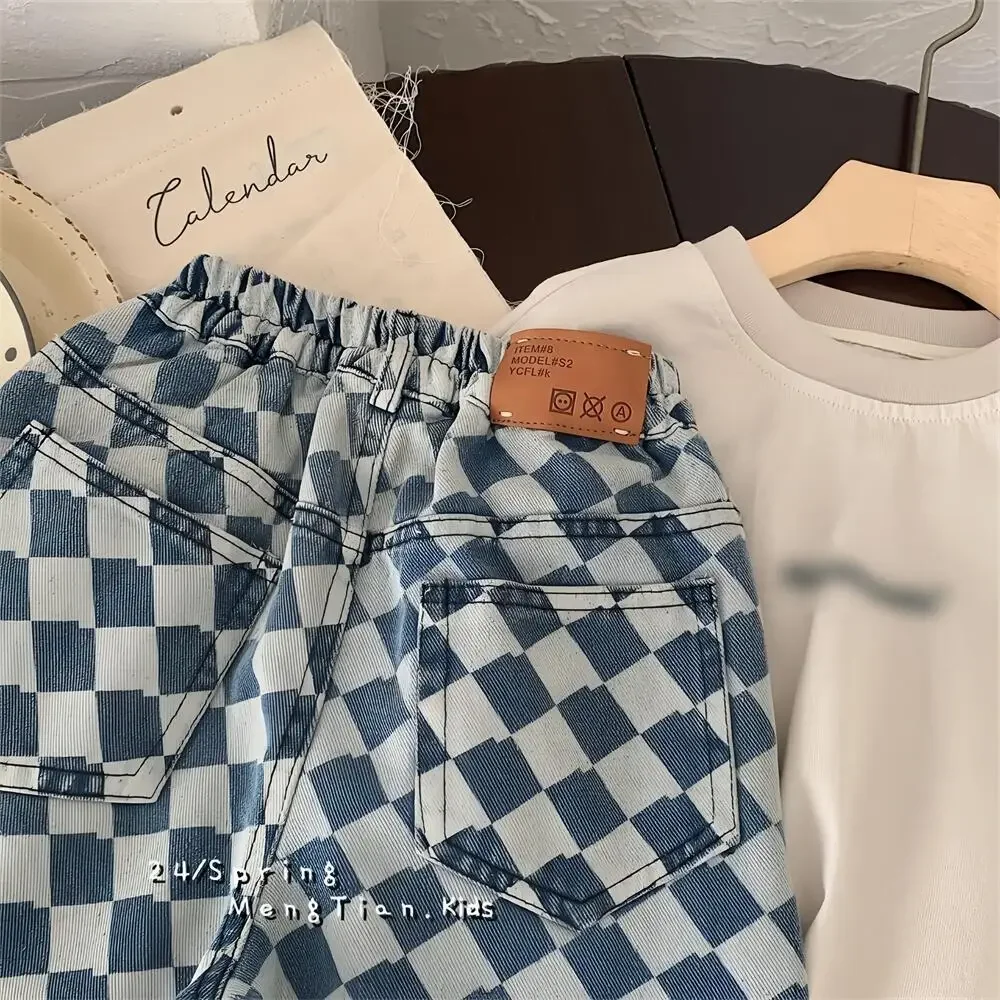 2-7 Y Kids Pants Plaid Boys Trousers Denim Kids Pants Casual Boys Jeans Fashion Kids Full Length Pants - Image 4