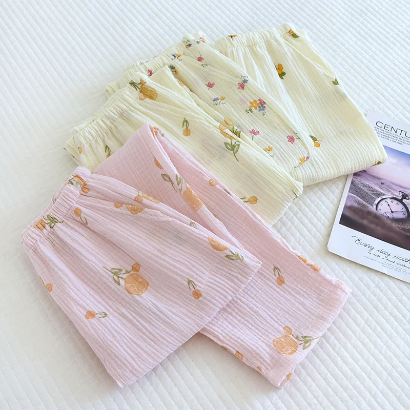 Spring And Summer New Trousers Women's Cute Flowers Thin Section 100%Cotton Crepe Casual Pants Loose Home Pants Women Bottoms - Image 4