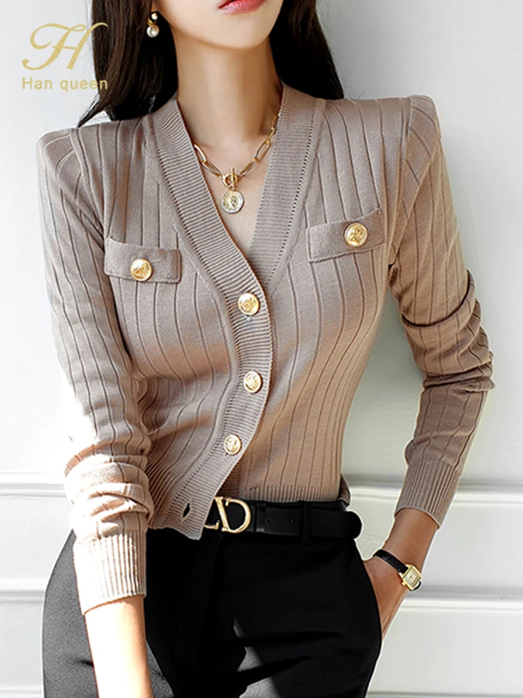 H Han Queen Korean Chic V-Neck Knitted Cardigan Sweater For Women Casual Basic Long Sleeve Cardigans Autumn Vintage Sweaters Top - Image 2