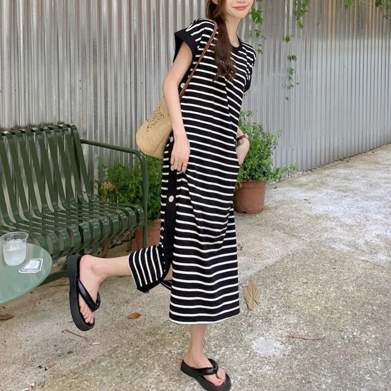 2024 New Casual Korean Striped O-neck Short Sleeve Long Dress Ladies Simplicity Patchwork Loose Tshirt Dress Women Clothing - Image 5