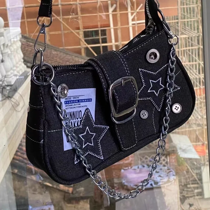 Y2k Fashion Women's Handbags Stars Pattern Cool Girls Underarm Bag Vintage Canvas Female Small Shoulder Bags Chain Tote Purses - Image 4