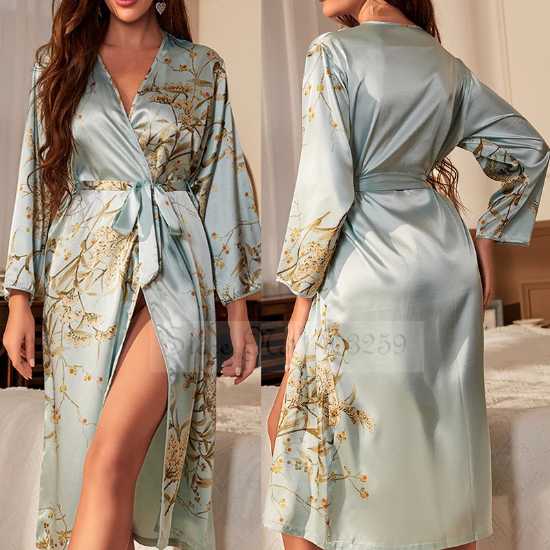 Print Cherry Floral Kimono Bathrobe Gown Female Long Robe Sleepwear Spring Summer Loose Satin Nightdress Lingerie Home Wear - Image 3