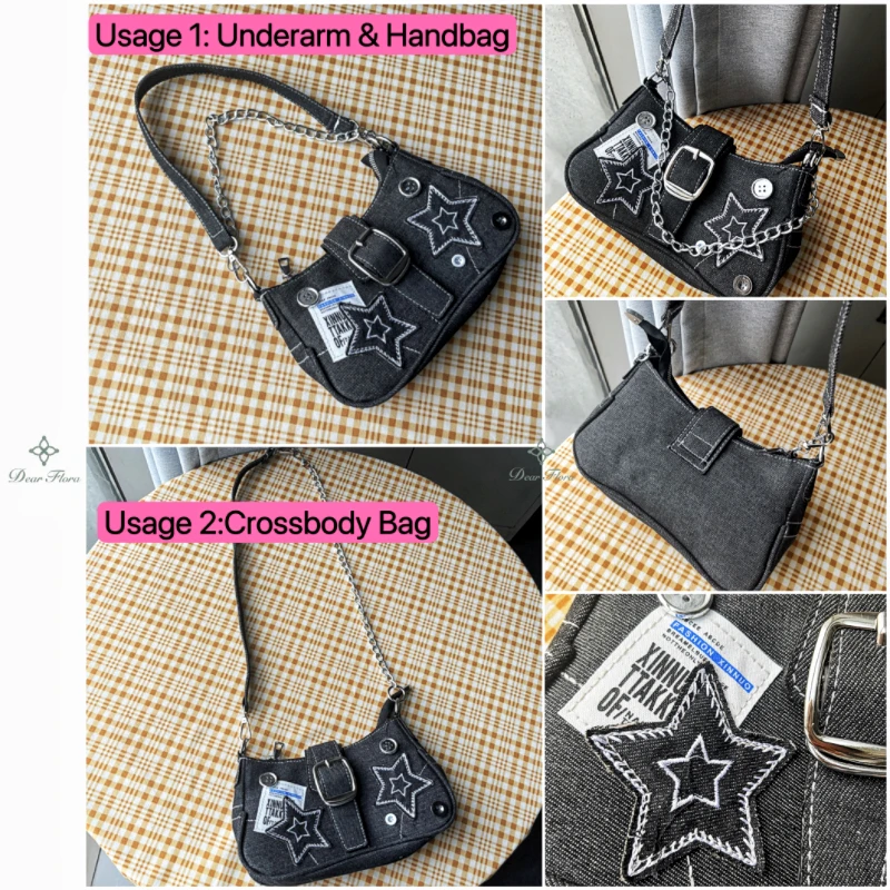 Y2k Fashion Women's Handbags Stars Pattern Cool Girls Underarm Bag Vintage Canvas Female Small Shoulder Bags Chain Tote Purses - Image 3