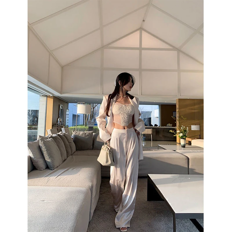 MEXZT Elegant Satin Wide Leg Pants Women 3Xl Fashion High Waist Black White Pants Summer Ladies Korean Baggy Straight Trousers - Image 2