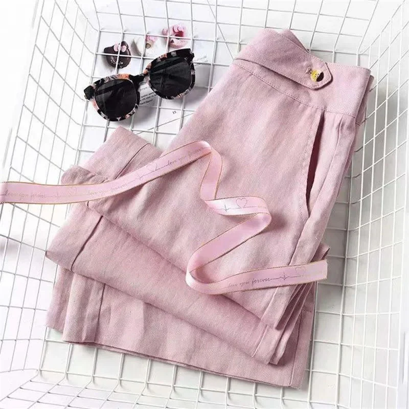 Spring Summer Women Cotton And Linen Wide Leg Pants Female Solid Color Loose Flax Straight Leg Trousers Ladies Leisure Pantalons - Image 2