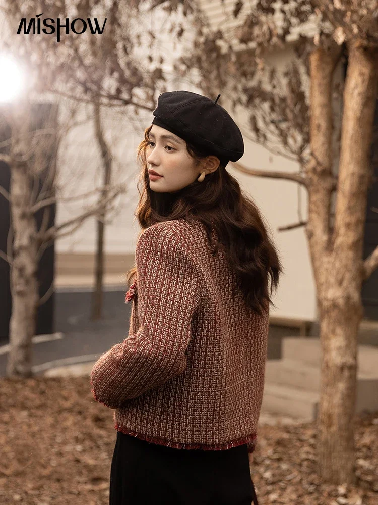 MISHOW Down Wool Coats 2025 Winter Clothes Women Chic Short Plaid Outerwear Temperament Warm Female O Neck Jackets MXB48W0888 - Image 3