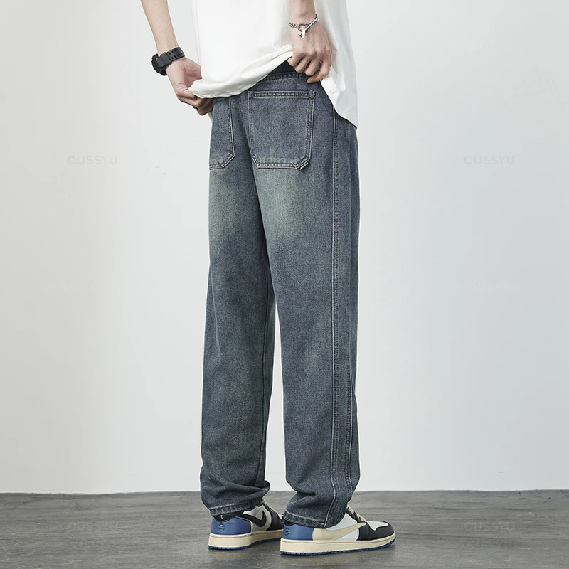 High Quality Cozy Cotton Fabric Men's Jeans Straight Denim Pants High Street Streetwear Korea Retro Blue Trousers Dropshipping - Image 3