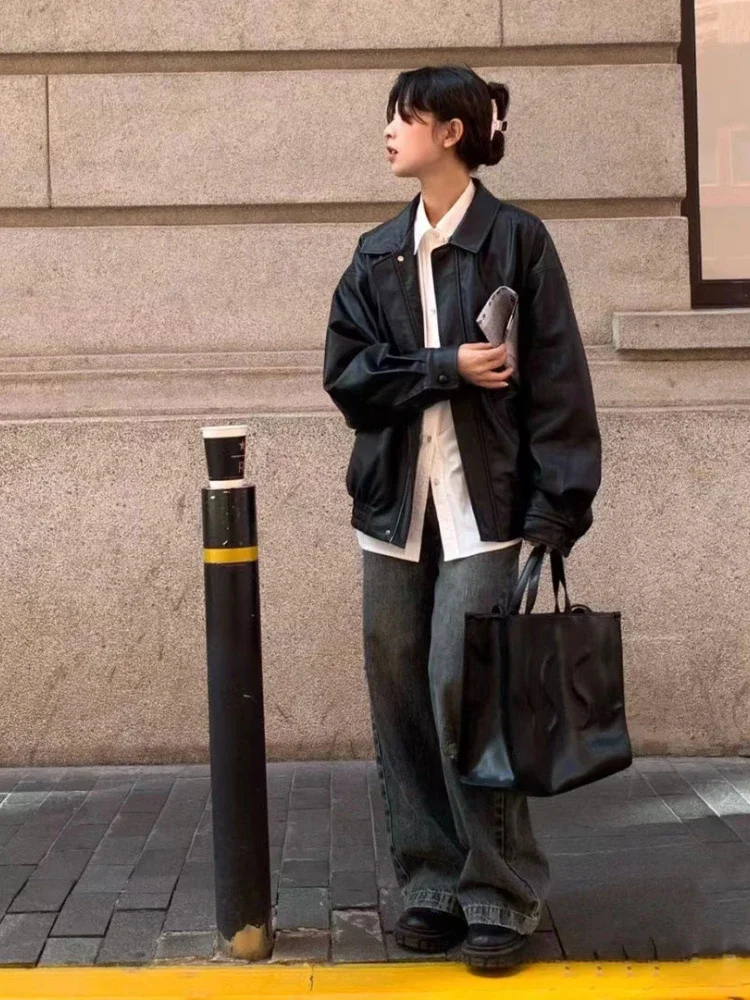 Vintage PU Leather Jacket Women High Street Techwear Oversized Moto Biker Coats BF Punk Loose Casual Cropped Outerwear - Image 3