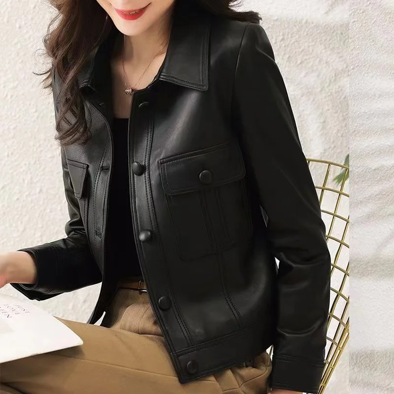 Lapel PU Leather Jacket Women 2024Spring Autumn New Coat Fashion Locomotive Goddess Overcoat High Quality Short Outerwear Female - Image 4