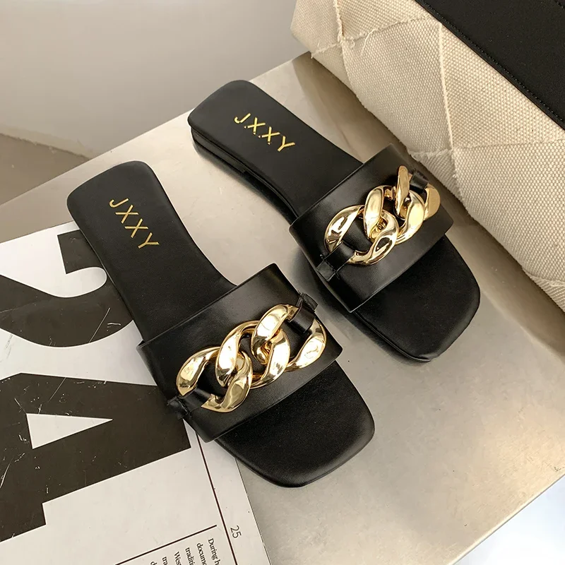 2024 New Fashion Women's Slippers Square Toe Chain Slippers Flat Slide Sandals Beach Flip Flops Metal Decoration Casual Shoes - Image 2