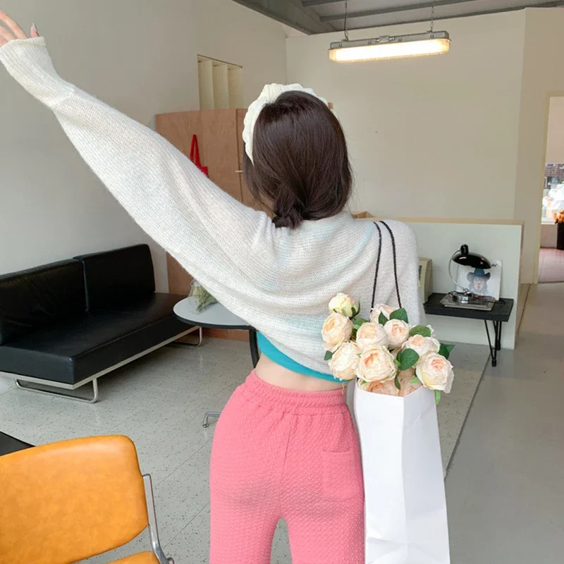 Combhasaki Women's Summer Open Front Bolero Shrug Long Sleeve Solid Color Sun Protection Transparent Knitted Cropped Cardigans - Image 6