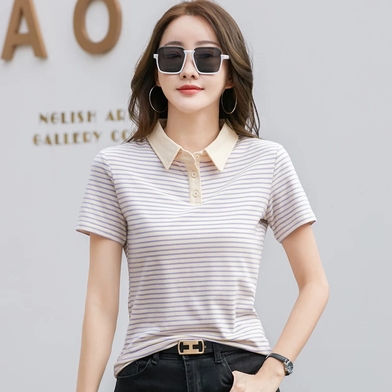 Korean Style Short Sleeve Polo Shirt Women Cotton Stretch Fashion Summer Tops Elegant Knitted Striped T-shirt For Women - Image 4