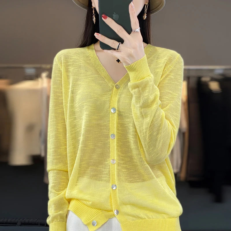 Summer Sunscreen Ice Silk Cardigan Women's V-Neck Long Sleeve Loose Knitted Top Solid Transparent Cardigan Air Conditioned Shirt - Image 6