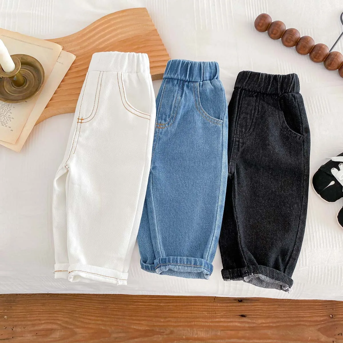 Spring Autumn Fashion Children Solid Jeans Girl Baby Retro Denim Casual Pants Boy Kid Pockets Cotton Trousers Toddler Dungarees - Image 2