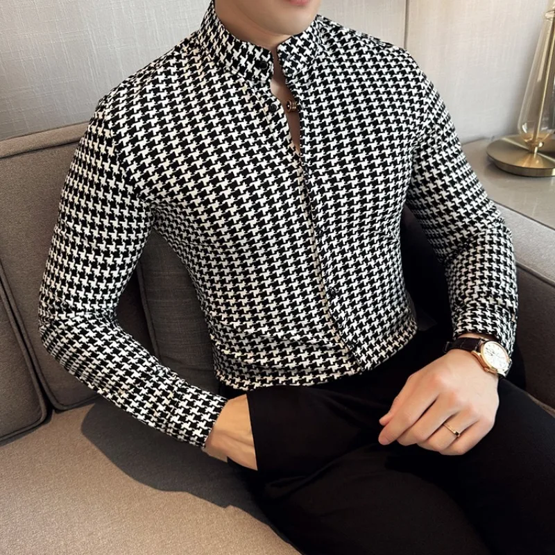 High-quality Houndstooth Shirts for Men 2024 Spring High Elasticity Slim Casual Shirt Brand Men Clothing Social Party Streetwear - Image 6