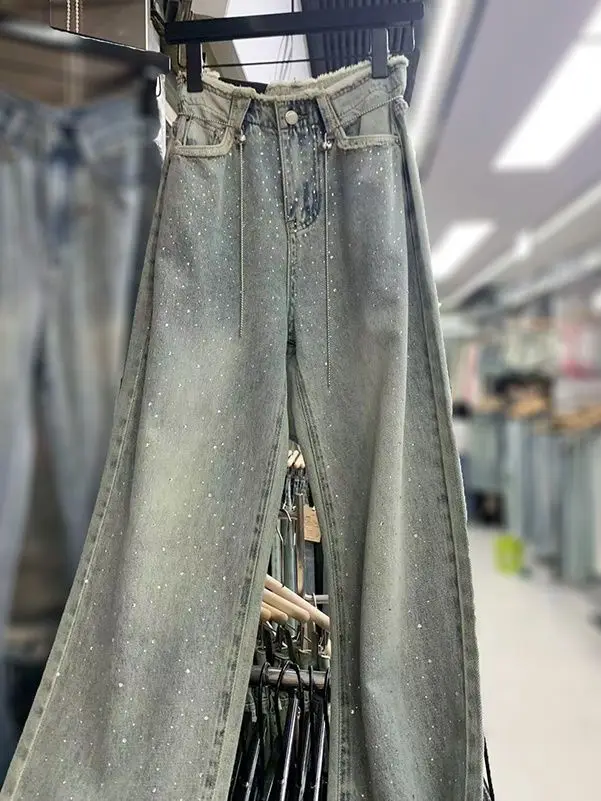 Heavy Embroidery Hot Drilling Starry Raw Hem High Waist Jeans Women's Summer Thin Loose Fashion Mop Wide Leg Pants - Image 3