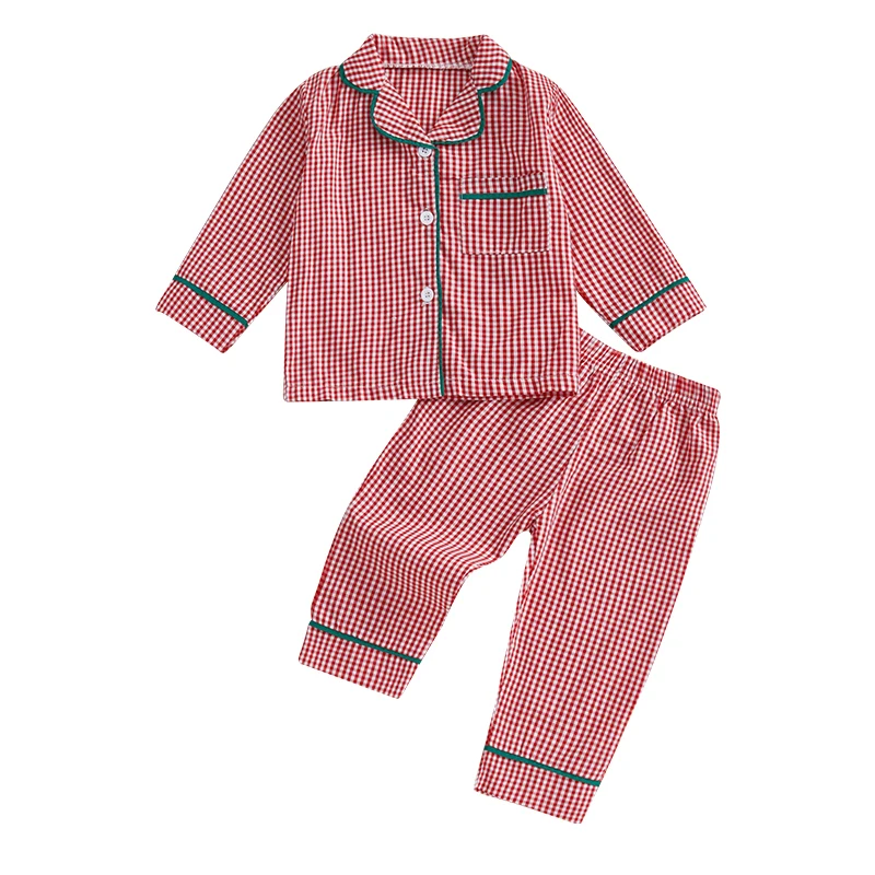 1-4Years Kids Baby Girl Boy Christmas Pajamas Set Autumn Plaid Print Long Sleeve Shirt and Pants 2Pieces Set Toddler Sleepwear - Image 2