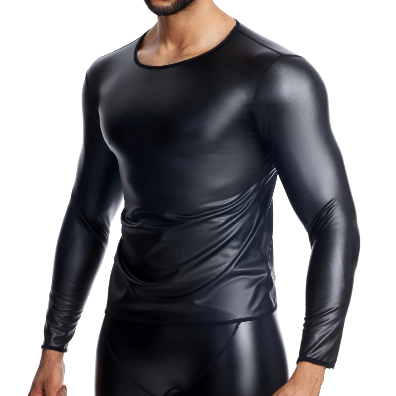 Men's New T-shirt Top Casual Shirts S-6XL Mens Wet Look Undershirt Faux Leather Long Shirts Slim Fit Muscle Tops Casual Clubwear - Image 4