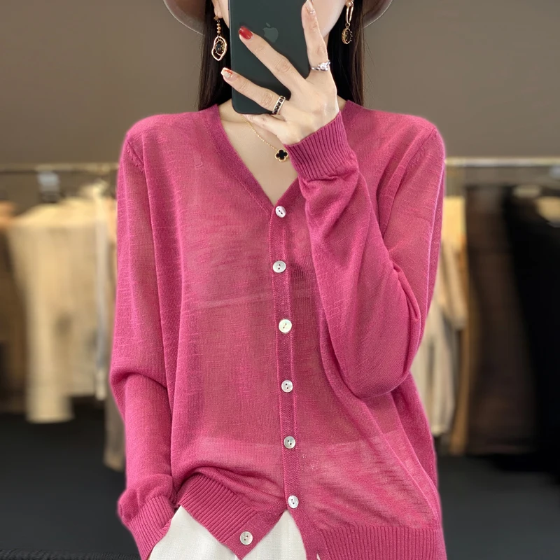Summer Sunscreen Ice Silk Cardigan Women's V-Neck Long Sleeve Loose Knitted Top Solid Transparent Cardigan Air Conditioned Shirt - Image 2