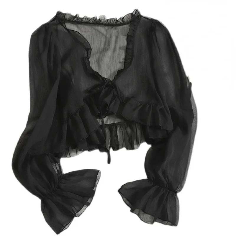2025 Flounce Chiffon Sunscreen Shirt Women Summer Ice Silk Solid Thin Sweet Ruched Flare Sleeve V-neck Cardigans Female - Image 6