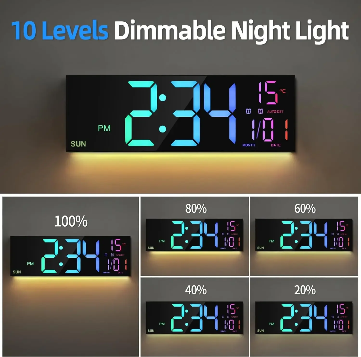 16.2'' Large Digital Wall Clock with Remote Control Big LED/Dual Alarm/8 RGB Colors Digital Alarm Clock Electronic Watch - Image 5