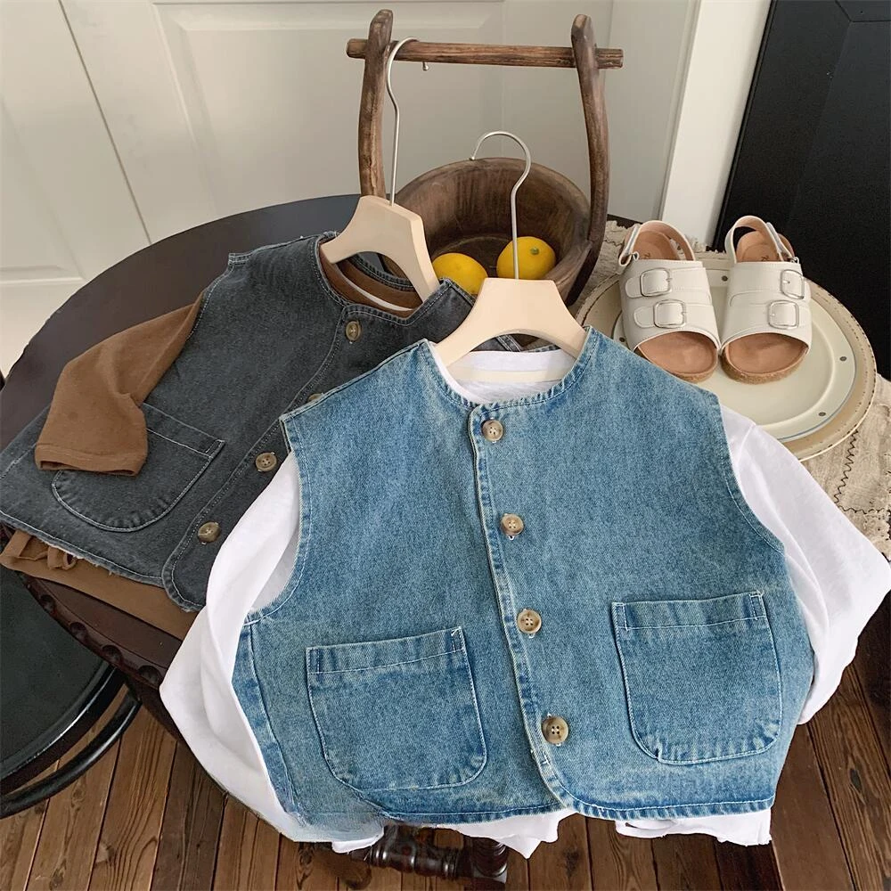 2024 Spring New Kids solid color denim waistcoats Boys and girls vintage all-match outerwear Tops Vest - Image 5