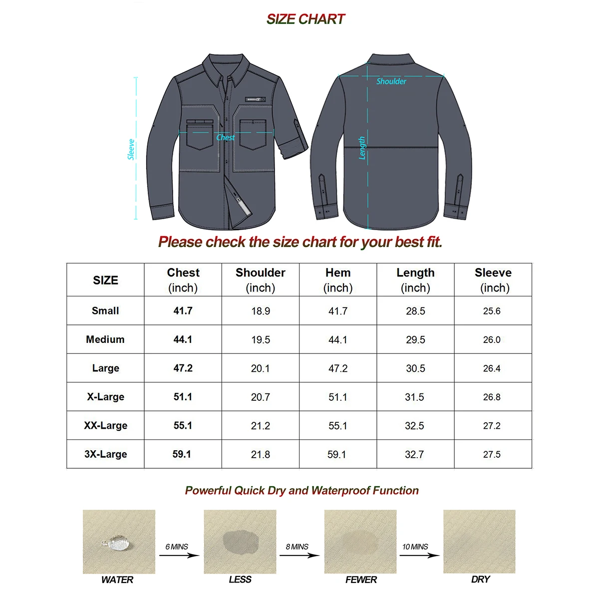 Men's UPF 50+ Long Sleeve Fishing Shirts Sun Protection Breathable Hiking Work Shirt Casual Button Down Shirt with Zipper Pocket - Image 6