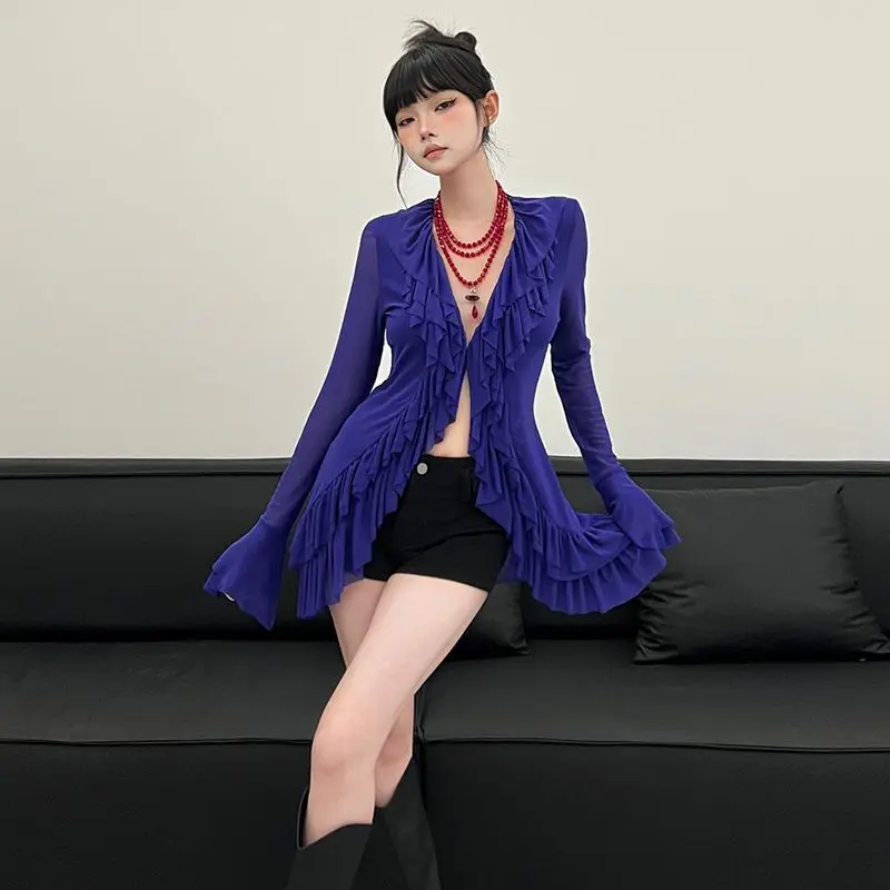 Korean Blouse Women's Clothing V-neck Long Sleeve Tunic Shirts Camisas De Mujer Heavy Ruffles Spring Summer Gauze Blouses Tops - Image 4