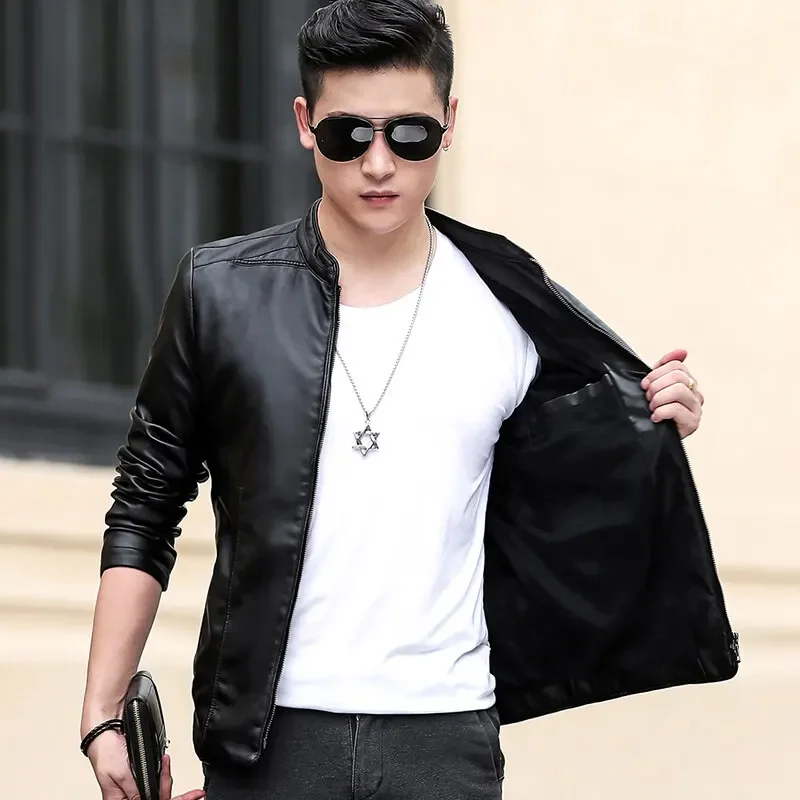 Fashion Solid Stand Collar Outwear Trendy Windproof Coat Streetwear Jackets Solid Color Casual Men's Motorcycle Leather Jacket - Image 3
