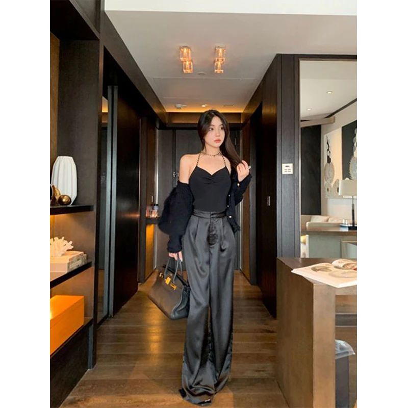 MEXZT Elegant Satin Wide Leg Pants Women 3Xl Fashion High Waist Black White Pants Summer Ladies Korean Baggy Straight Trousers - Image 3