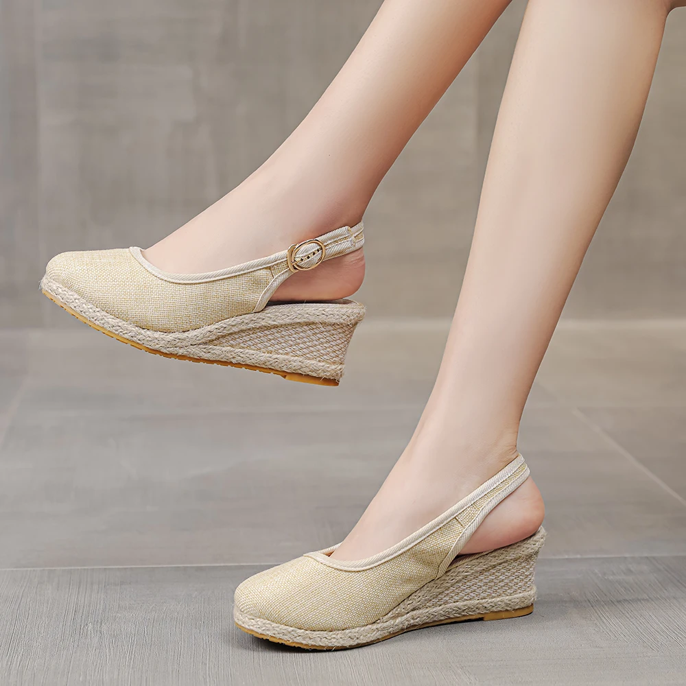 Veowalk Women Linen Cotton 6cm High Wedge Espadrilles Sandals Summer Bohemian Elegant Ladies Slingbacks Closed Toe Hemp Shoes - Image 4