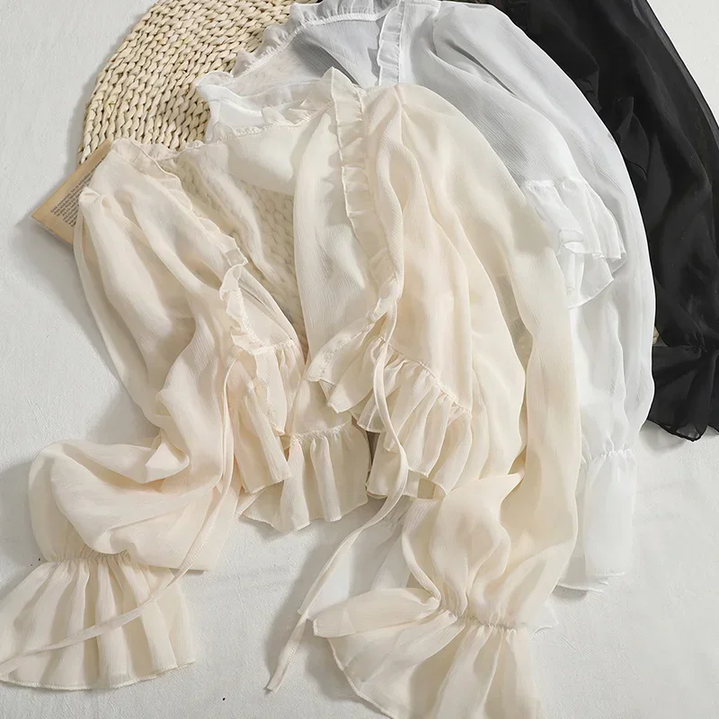 2025 Flounce Chiffon Sunscreen Shirt Women Summer Ice Silk Solid Thin Sweet Ruched Flare Sleeve V-neck Cardigans Female - Image 5